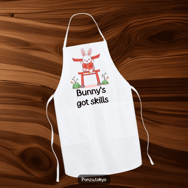 Funny bunny in a red kimono joyfully leaping over a stylized torii gate, a humorous cooking apron.