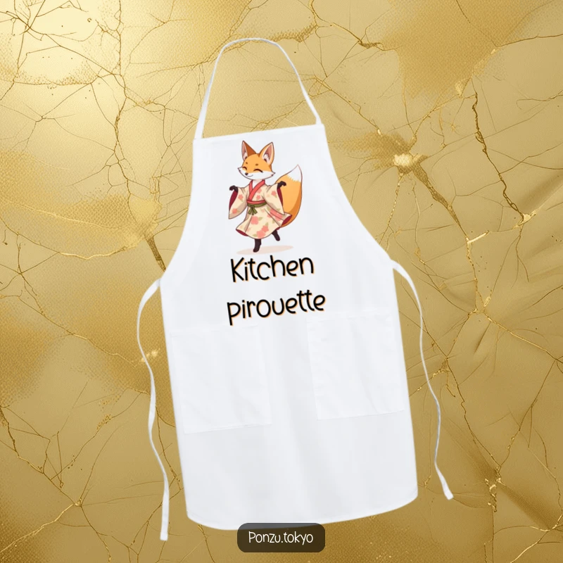 Funny fox in a floral kimono gracefully performing a spinning pirouette, a humorous cooking apron.