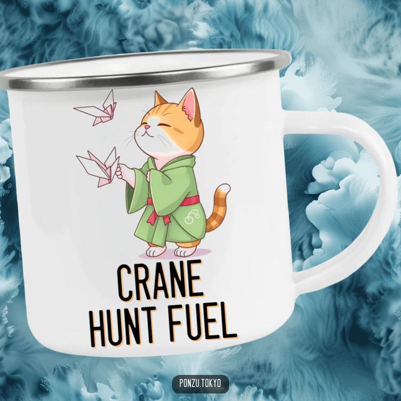 Funny cat in a green kimono playfully attempting to catch a floating origami crane, perfect for outdoor fun.