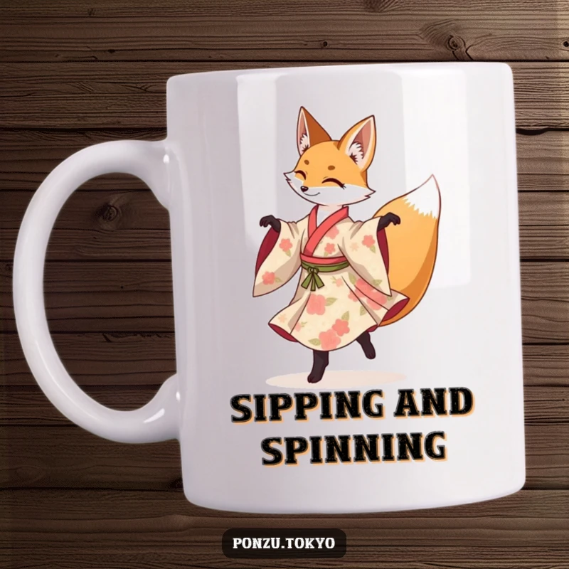 Funny fox in a floral kimono gracefully performing a spinning pirouette, a charming and humorous gift.