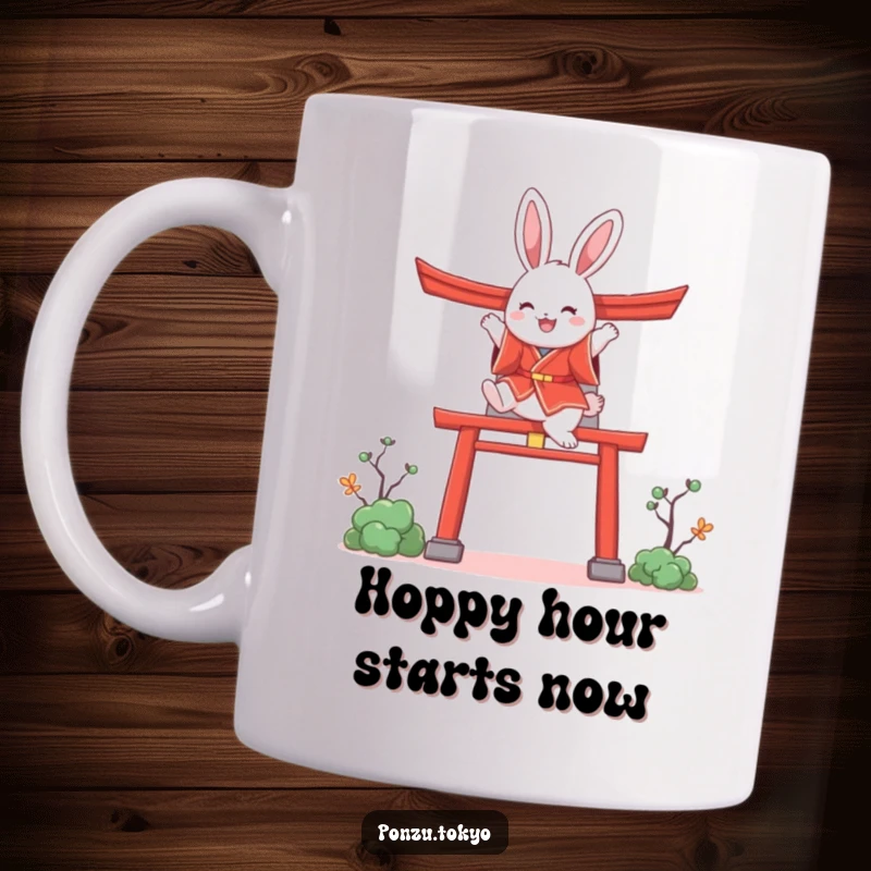 Funny bunny in a red kimono joyfully leaping over a stylized torii gate, perfect for a humorous gift.