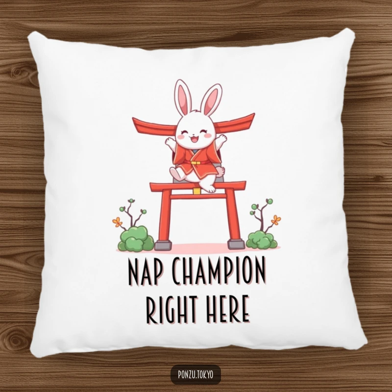Funny bunny in a red kimono joyfully leaping over a stylized torii gate, a cute and humorous pillow.