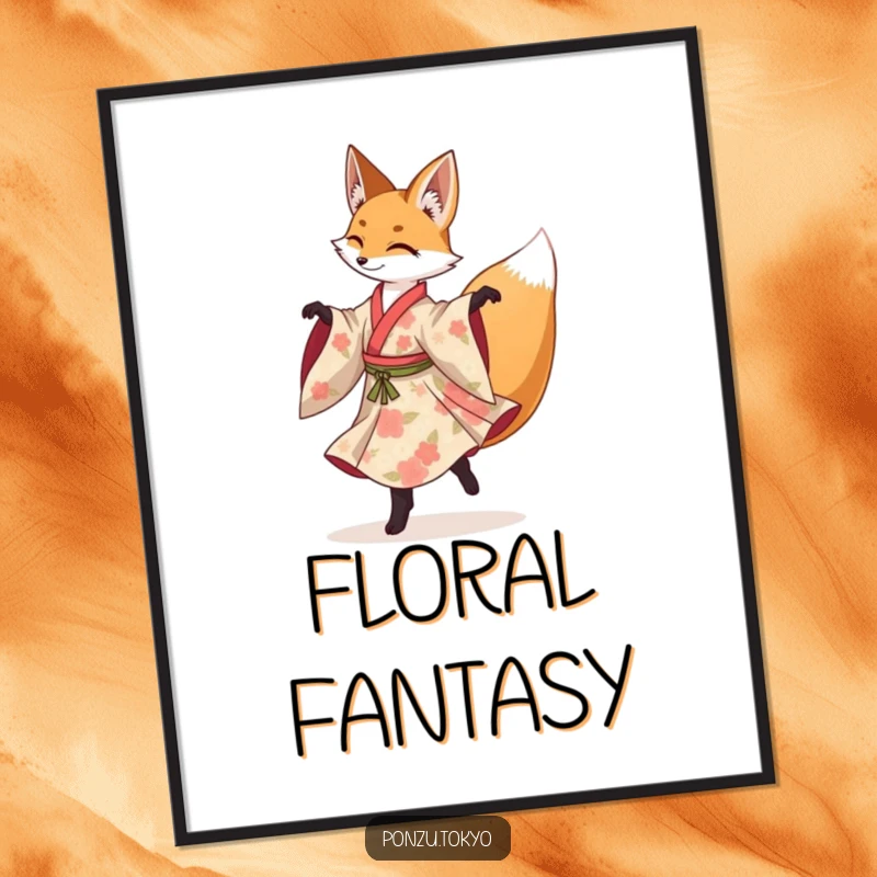 Funny fox in a floral kimono gracefully performing a spinning pirouette, a downloadable art print.