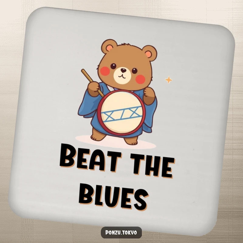 Funny cute bear in a blue kimono energetically playing a taiko drum, a fun drink coaster.
