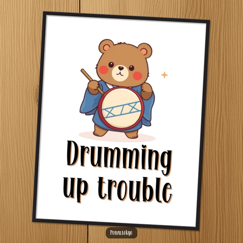 Funny cute bear in a blue kimono energetically playing a taiko drum, a lively art print.