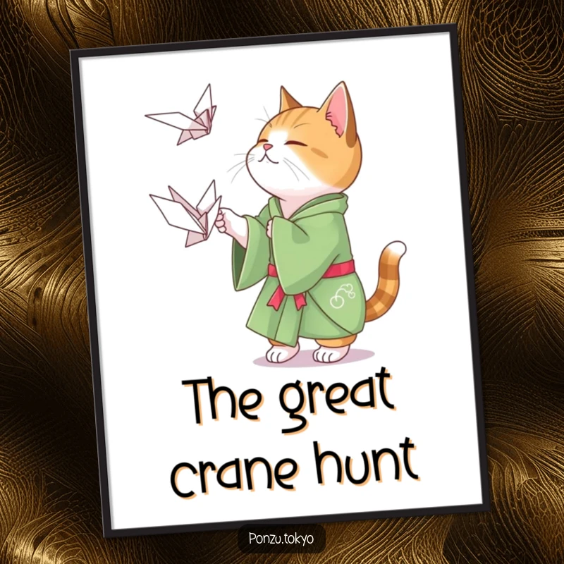 Funny cat in a green kimono playfully attempting to catch a floating origami crane, a charming art print.