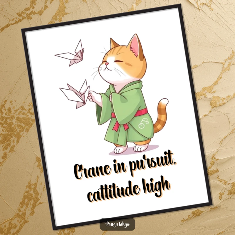 Funny Free Printable Wall Art: Cat in a green kimono playfully attempts to catch a floating origami crane.