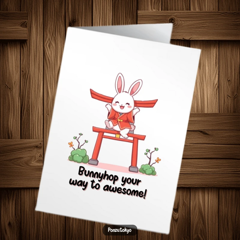 Funny Free Printable Birthday Card: Fluffy bunny in red kimono joyfully leaping over a torii gate.