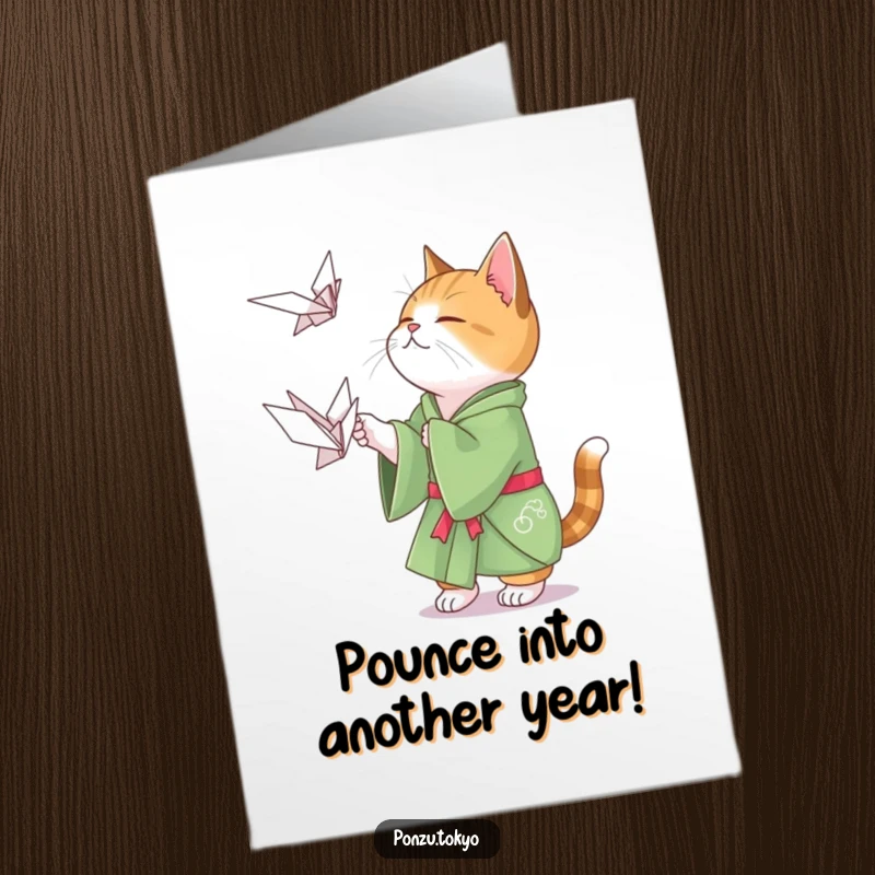 Funny Free Printable Birthday Card: Cat in green kimono playfully catching an origami crane.