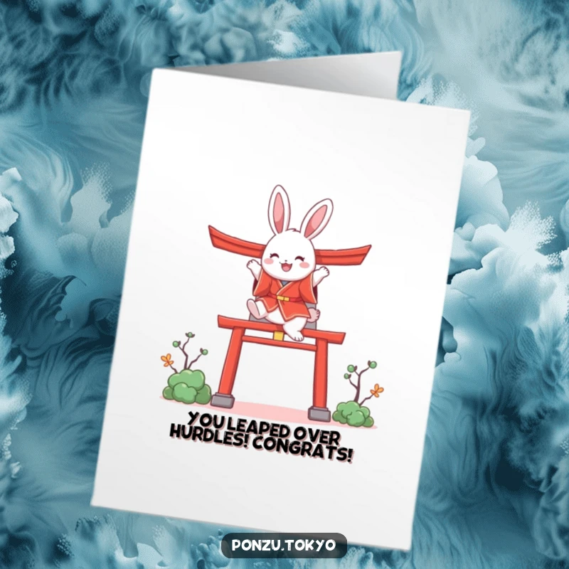 Funny Free Printable Congratulations Card: Bunny in red kimono leaping over a torii gate.