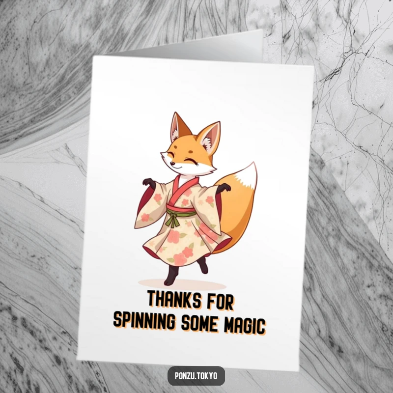 Funny Free Printable Thank You Card: Fox in floral kimono gracefully performing a spinning pirouette.