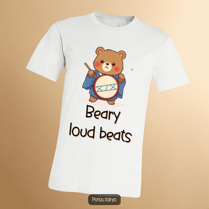 Funny cute bear in a blue kimono energetically playing a taiko drum, a fantastic funny gift.