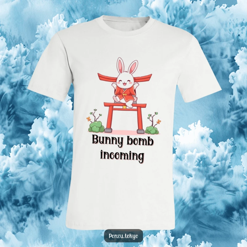 Funny bunny in a red kimono joyfully leaping over a colorful stylized torii gate, great funny gift.